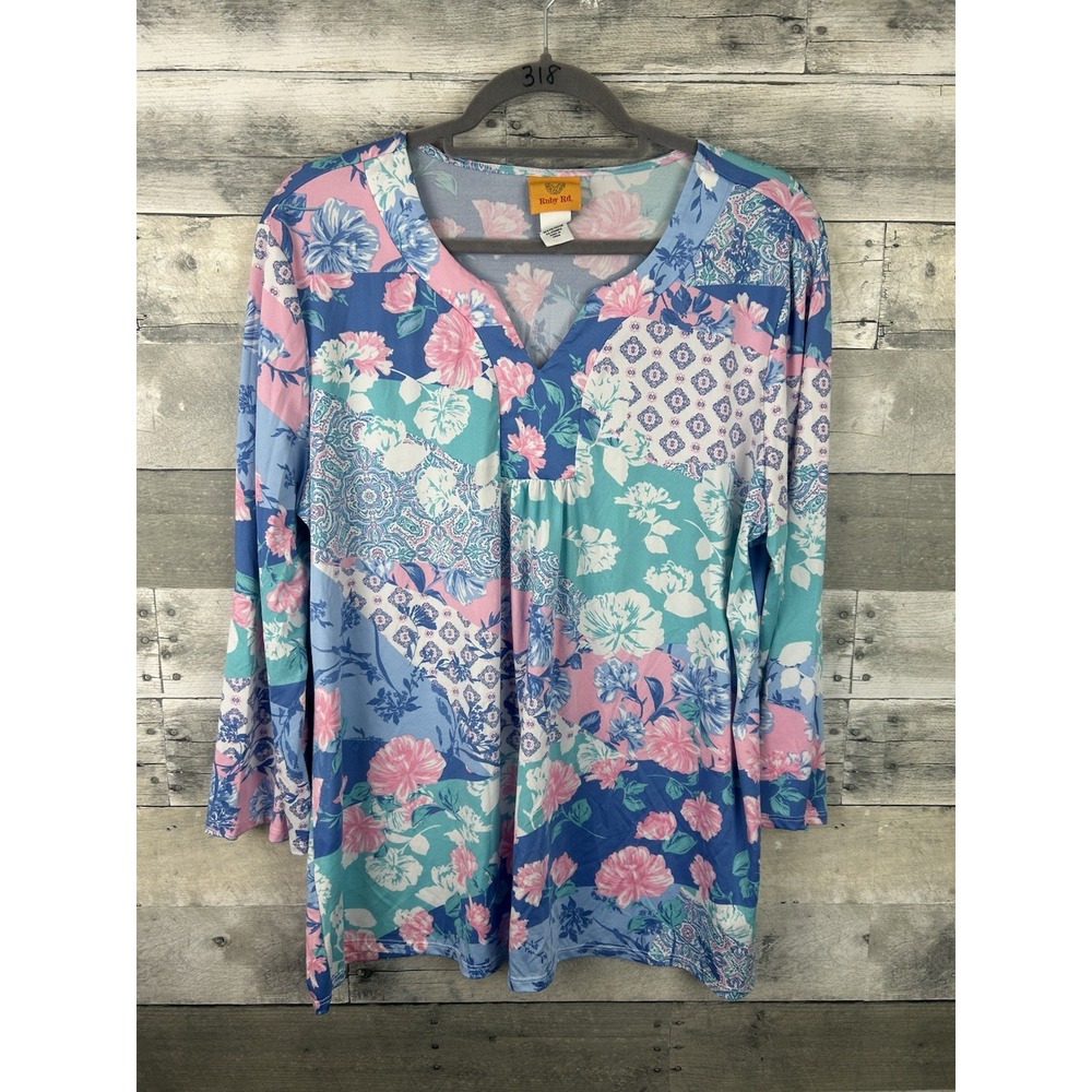 Ruby Rd Women's Blue & Pink Floral 3/4 Sleeve Blouse Size Large
